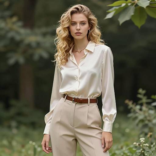 Elegant Woman Wearing Silk Blouse and Beige Trousers Outdoors
