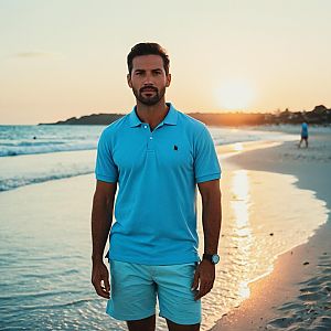 Man Wearing Blue Polo Shirt at Sunset Beach