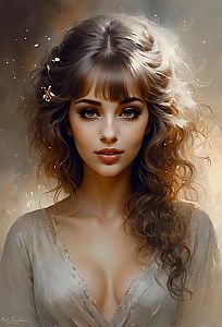 Beautiful Young Woman Portrait with Curly Hair and Soft Painterly Style