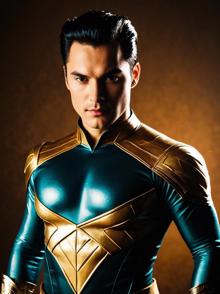 Man Cosplay Wearing Metallic Teal and Gold Superhero Costume Realistic Photo