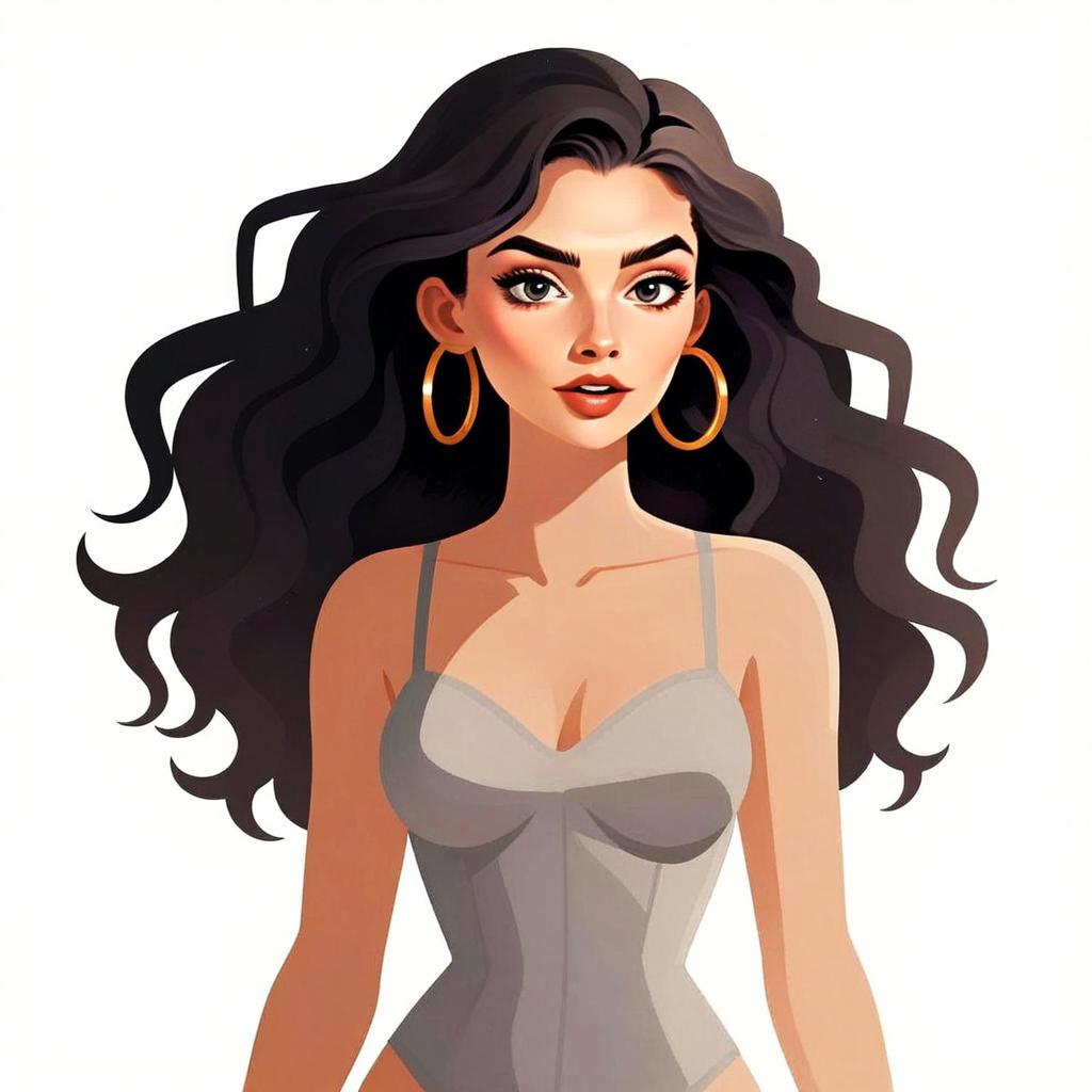 Stylized Digital Art of Young Woman with Hoop Earrings and Flowing Hair