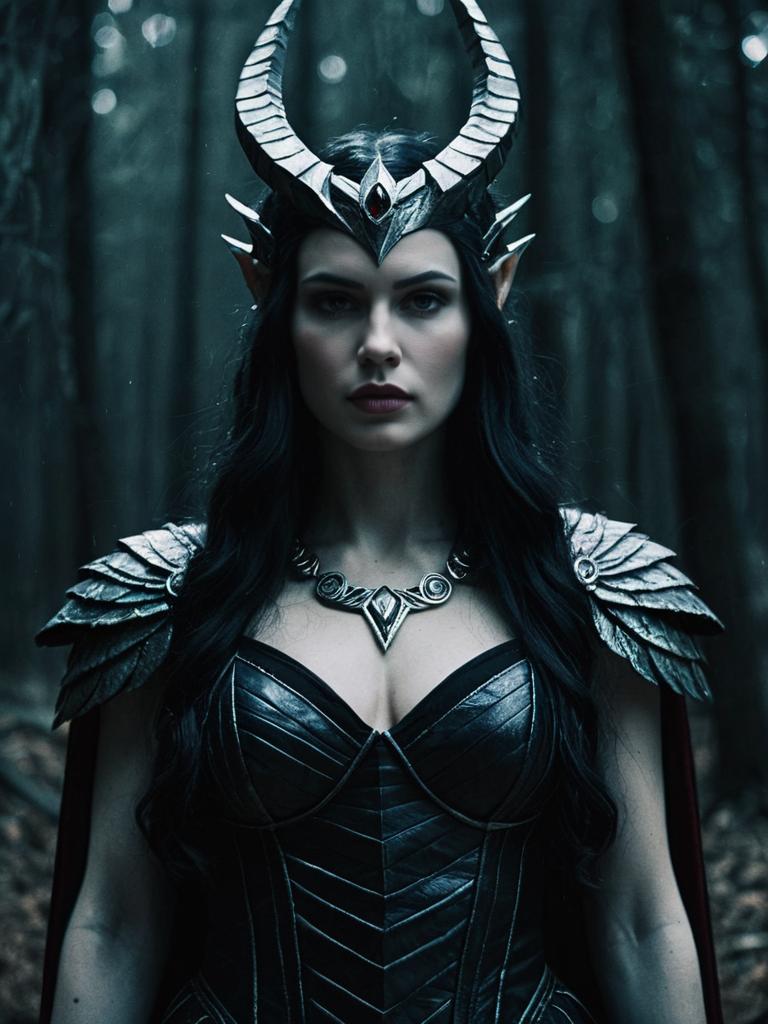 Woman in Lilith Goddess Costume with Horned Crown in Dark Forest Cinematic Realism
