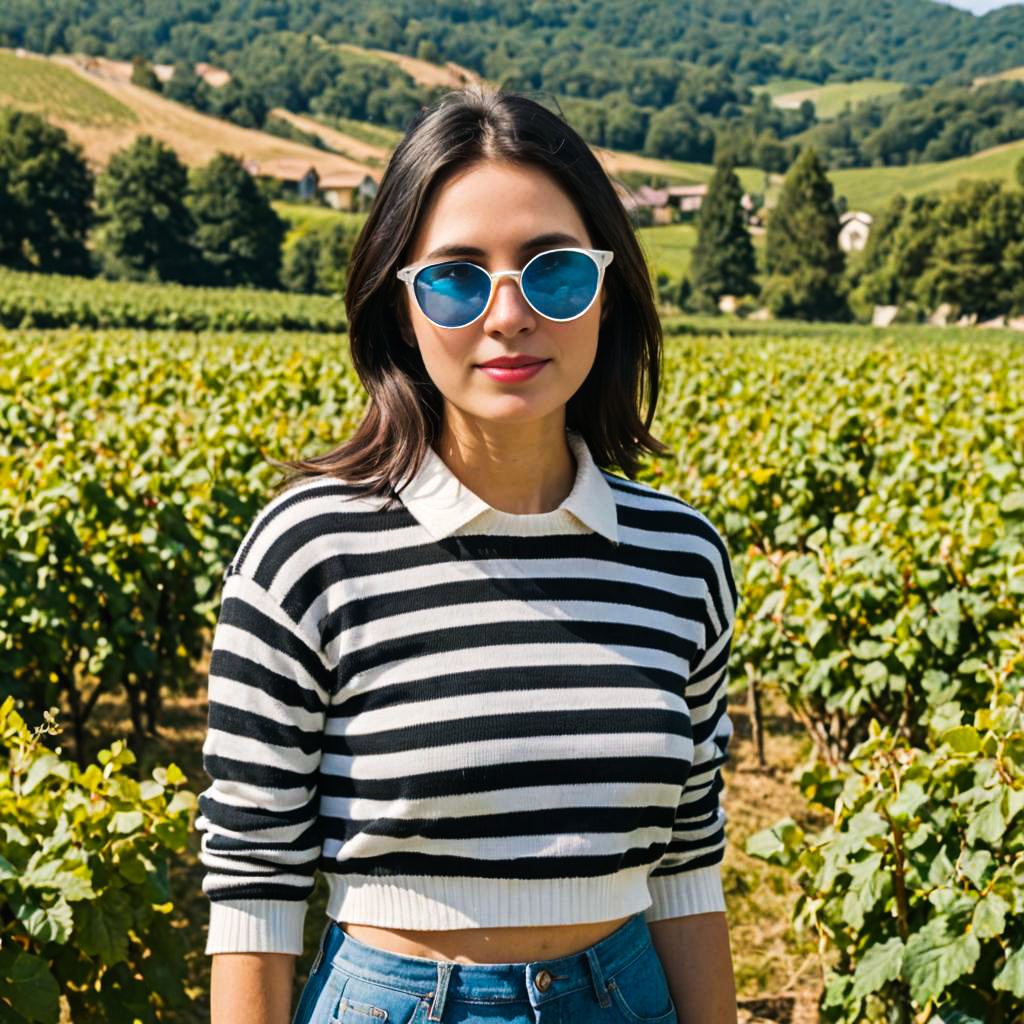 Stylish Woman in Vineyard with Striped Sweater