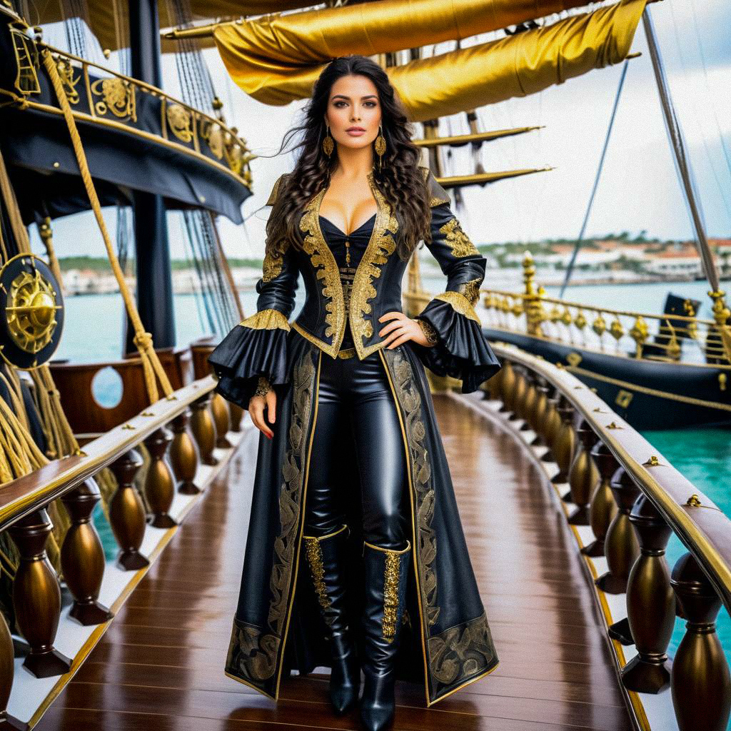 Confident Woman in Elegant Pirate-Inspired Outfit on Luxurious Ship