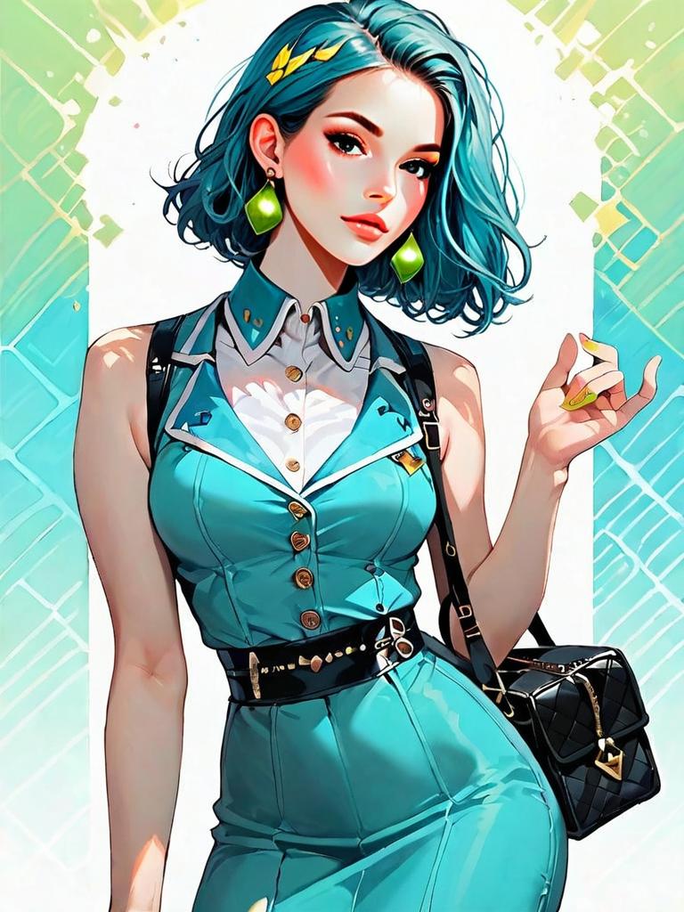 Stylish Woman in Fitted Chic Pencil Dress with Turquoise Hair