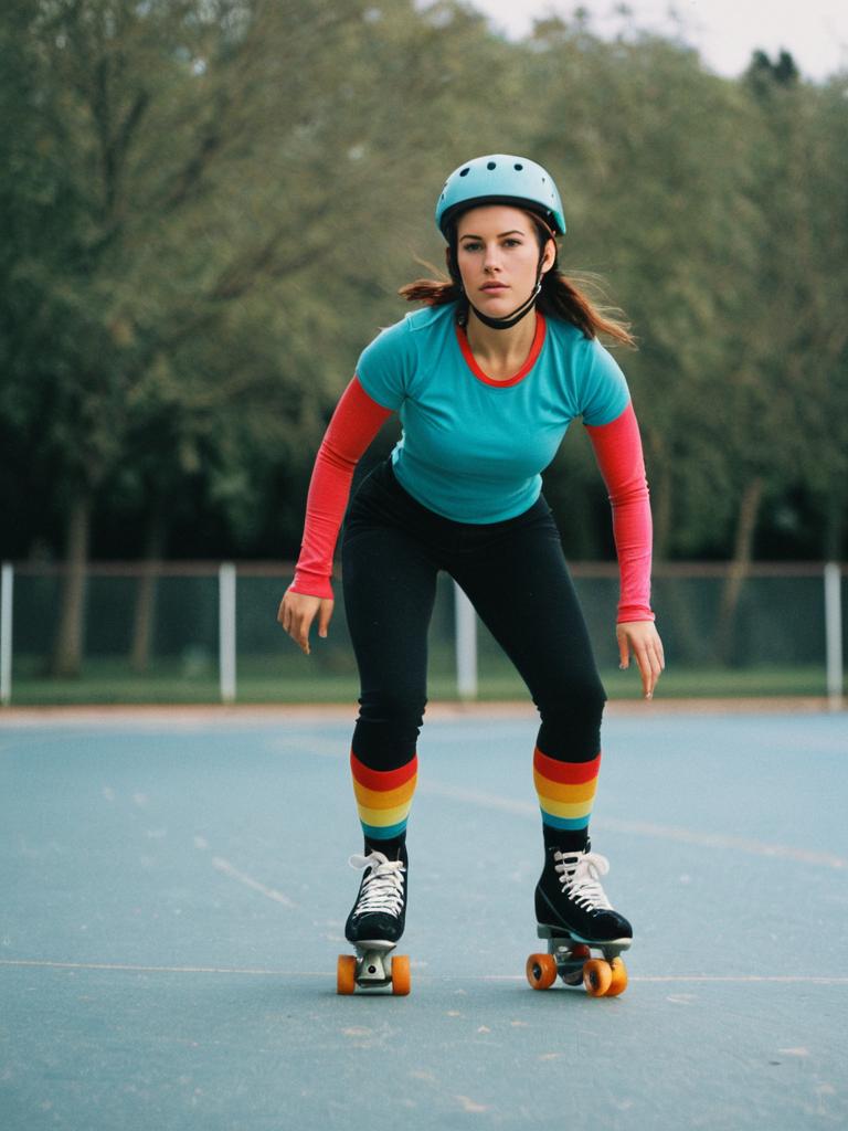 Woman in Roller Skating Outfit with Rainbow Socks on Outdoor Rink