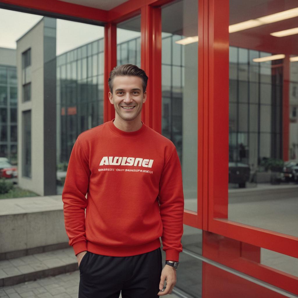 Smiling man in red sweatshirt 'AUSNIEL' against modern building