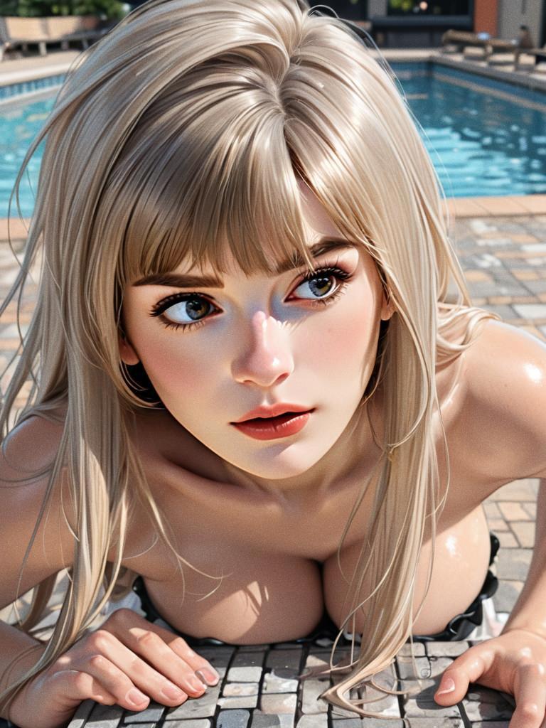 Hyper-Realistic Digital Illustration of Blonde Woman by Pool Edge