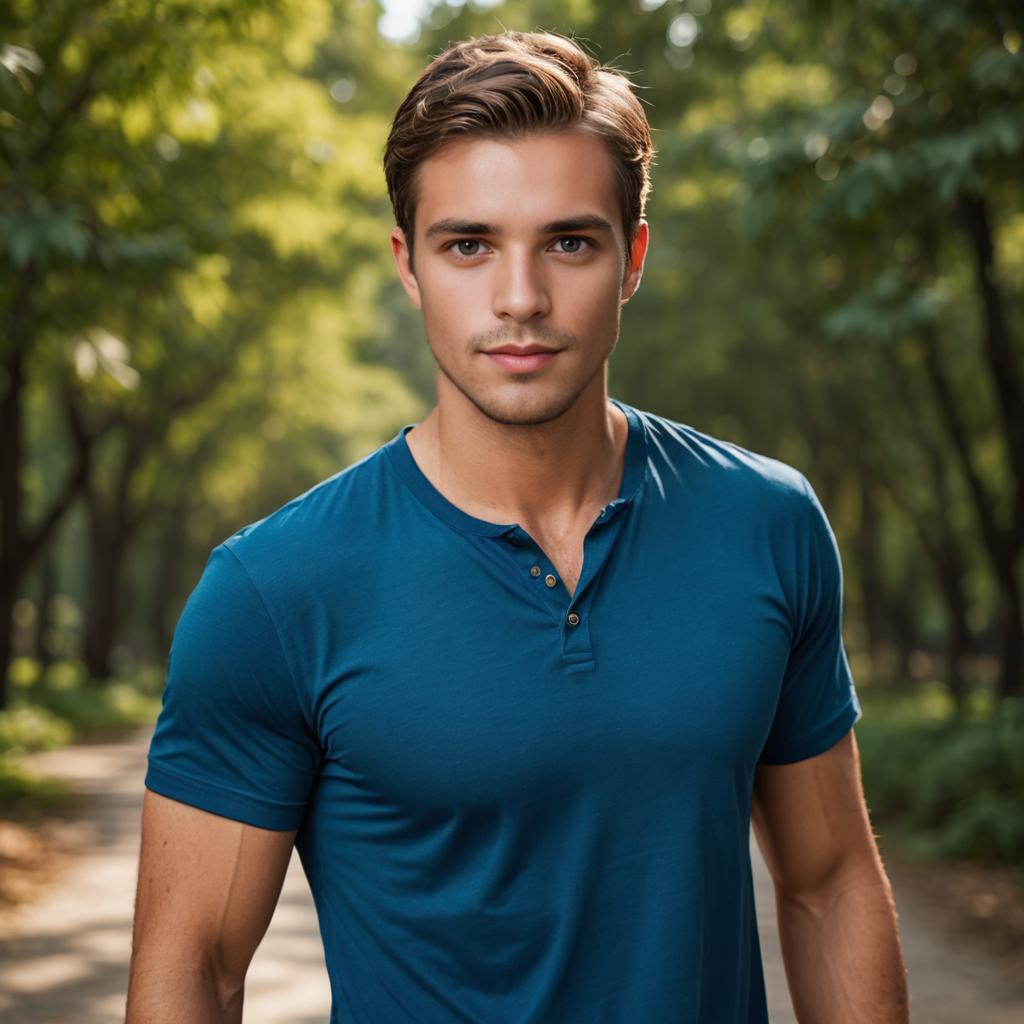 Confident Young Man in Serene Green Pathway