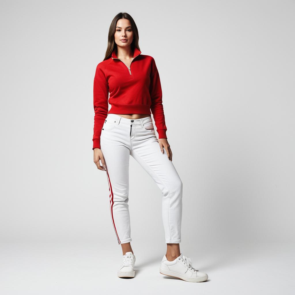 Sporty Casual Outfit Woman in Red Sweatshirt and White Jeans