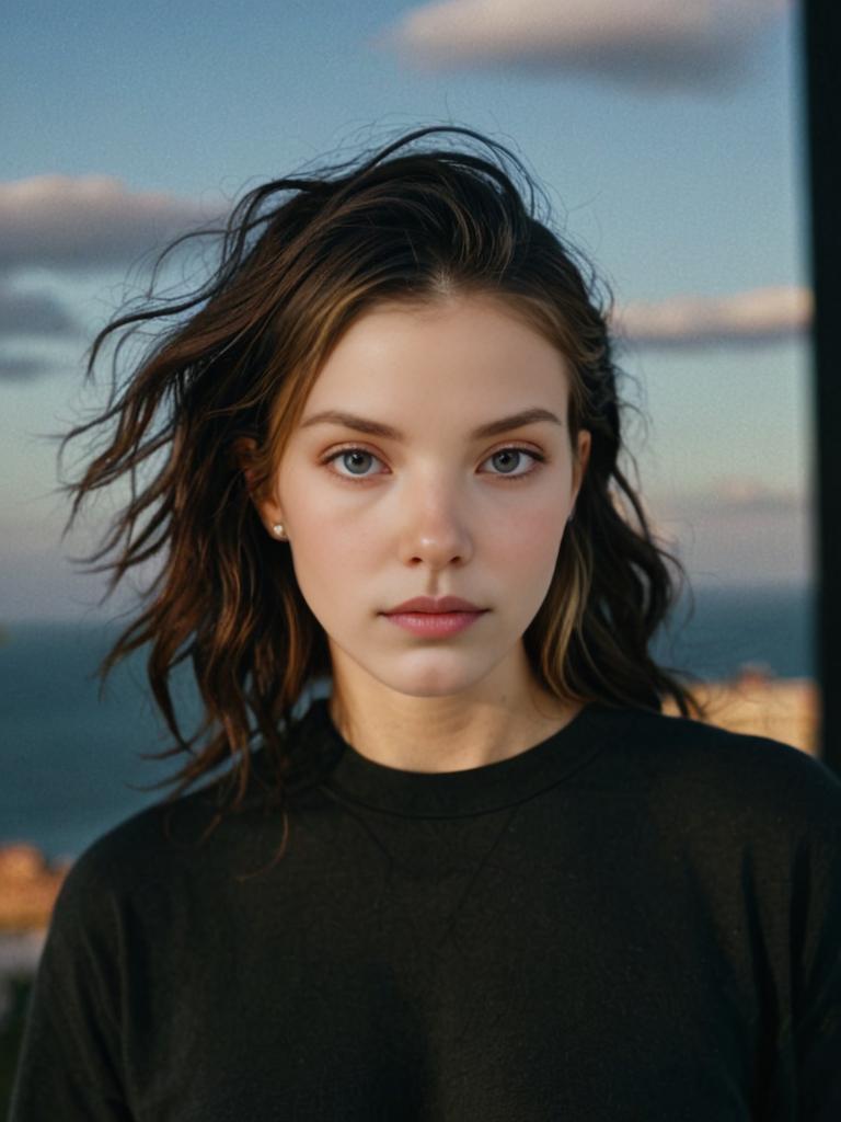 Woman in black top with ocean background