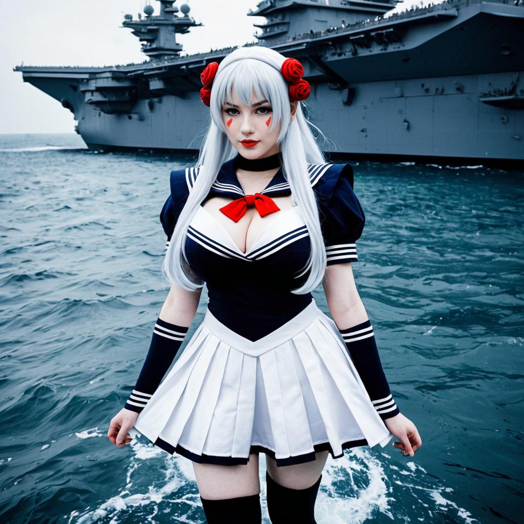 Anime Style Woman in Sailor Uniform Posing by Aircraft Carrier at Sea