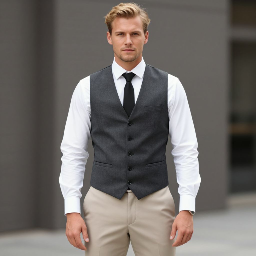 Confident Man Wearing Grey Waistcoat with White Shirt and Black Tie