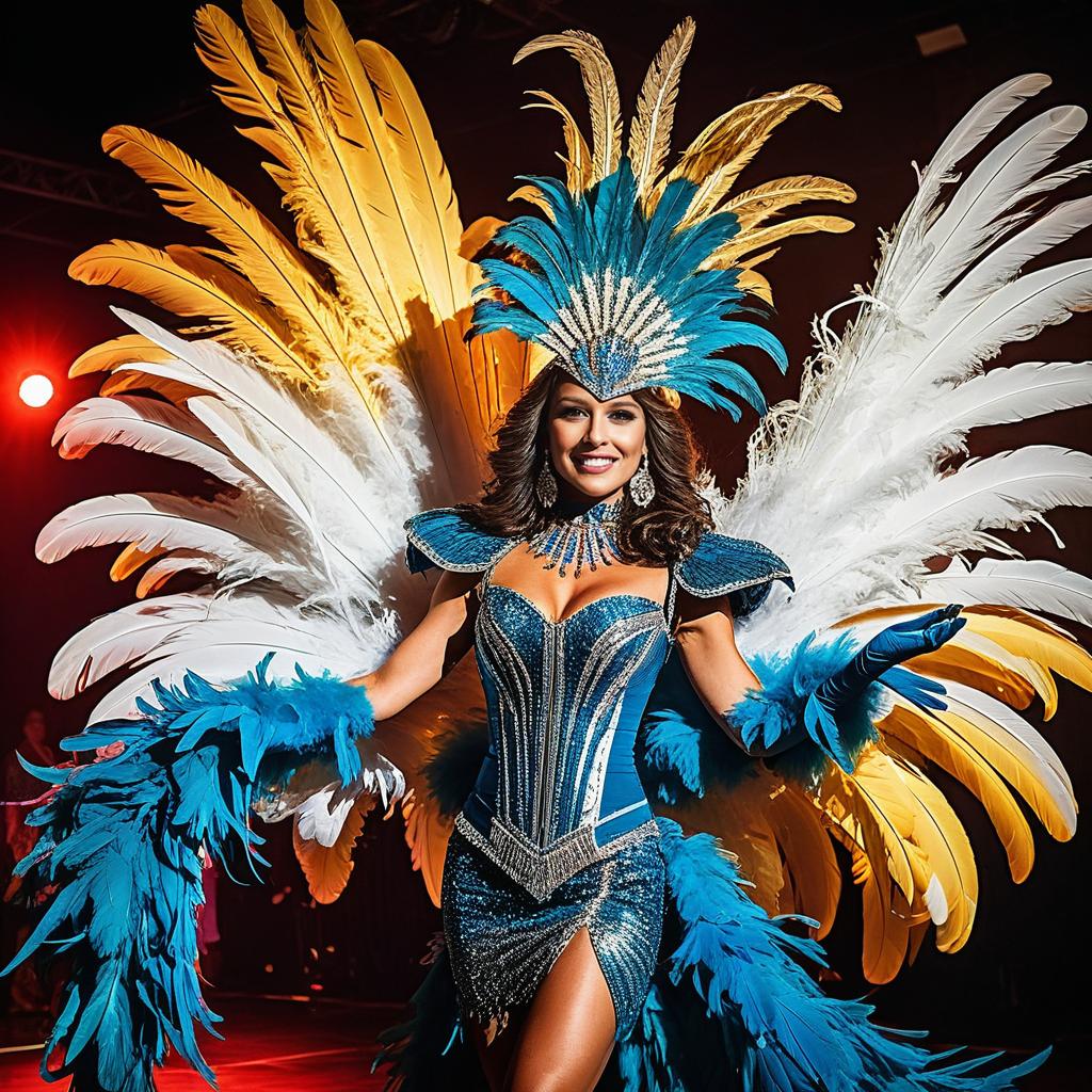 Woman in Vibrant Carnival Costume with Feathers