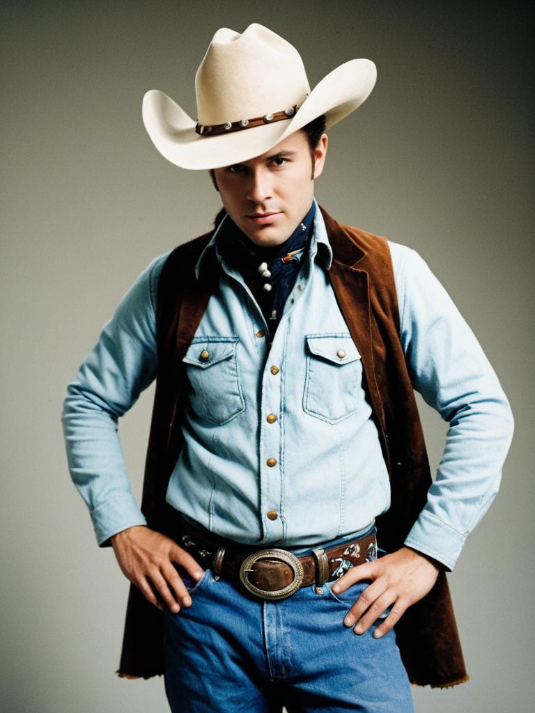 Photorealistic Brokeback Mountain Costume Cowboy Man Cosplay Studio Portrait Photorealistic Brokeback Mountain Costume Cowboy Man Cosplay Studio Portrait
