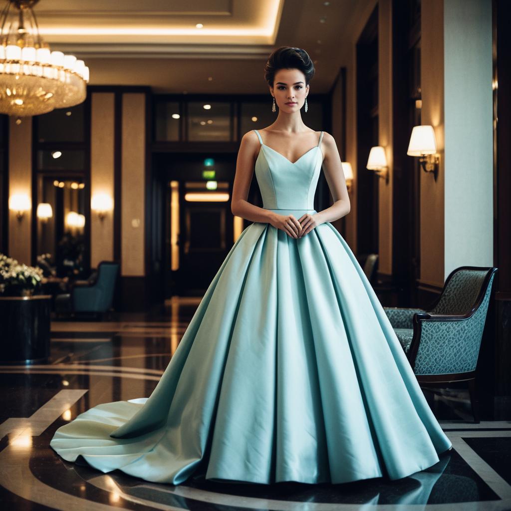 Elegant Woman in Light Blue Ball Gown in Luxurious Interior