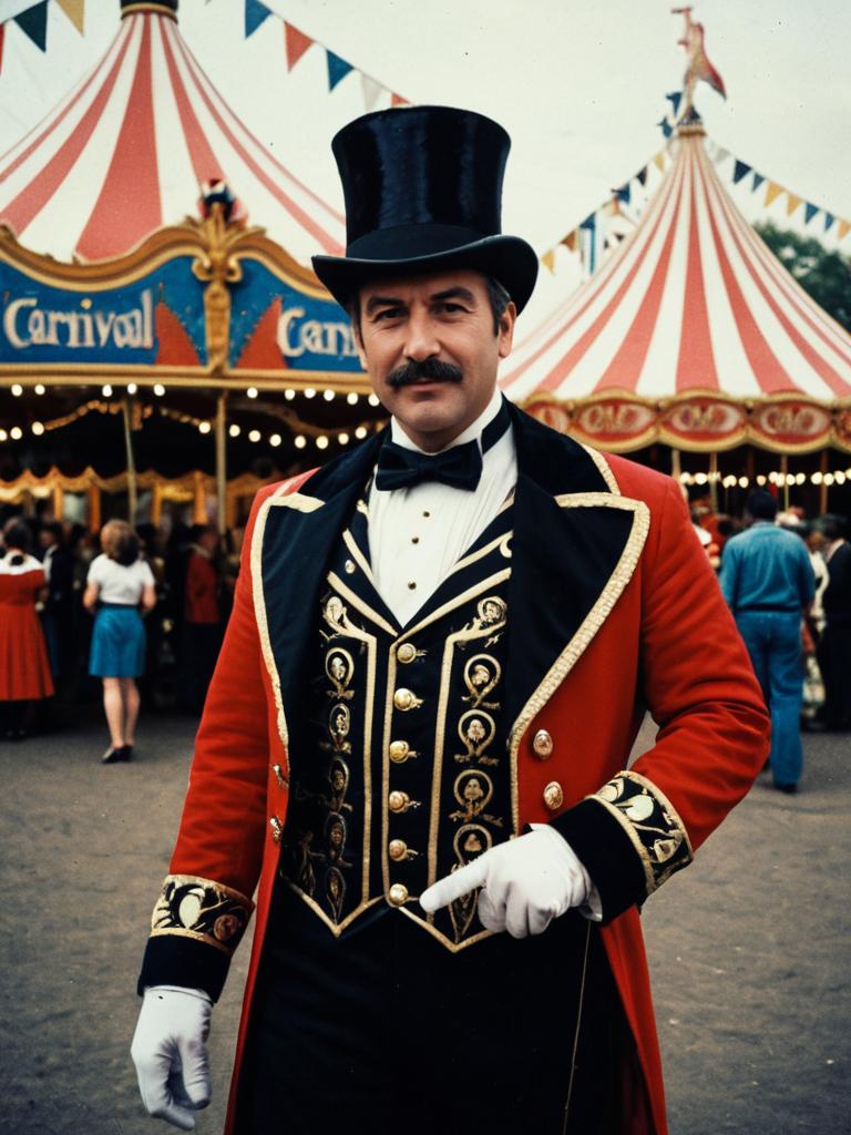 Photorealistic Portrait of Man in Classic Ringmaster Costume at Outdoor Carnival