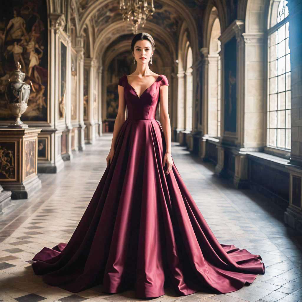 Elegant Woman in Burgundy Gown in Grand Hall