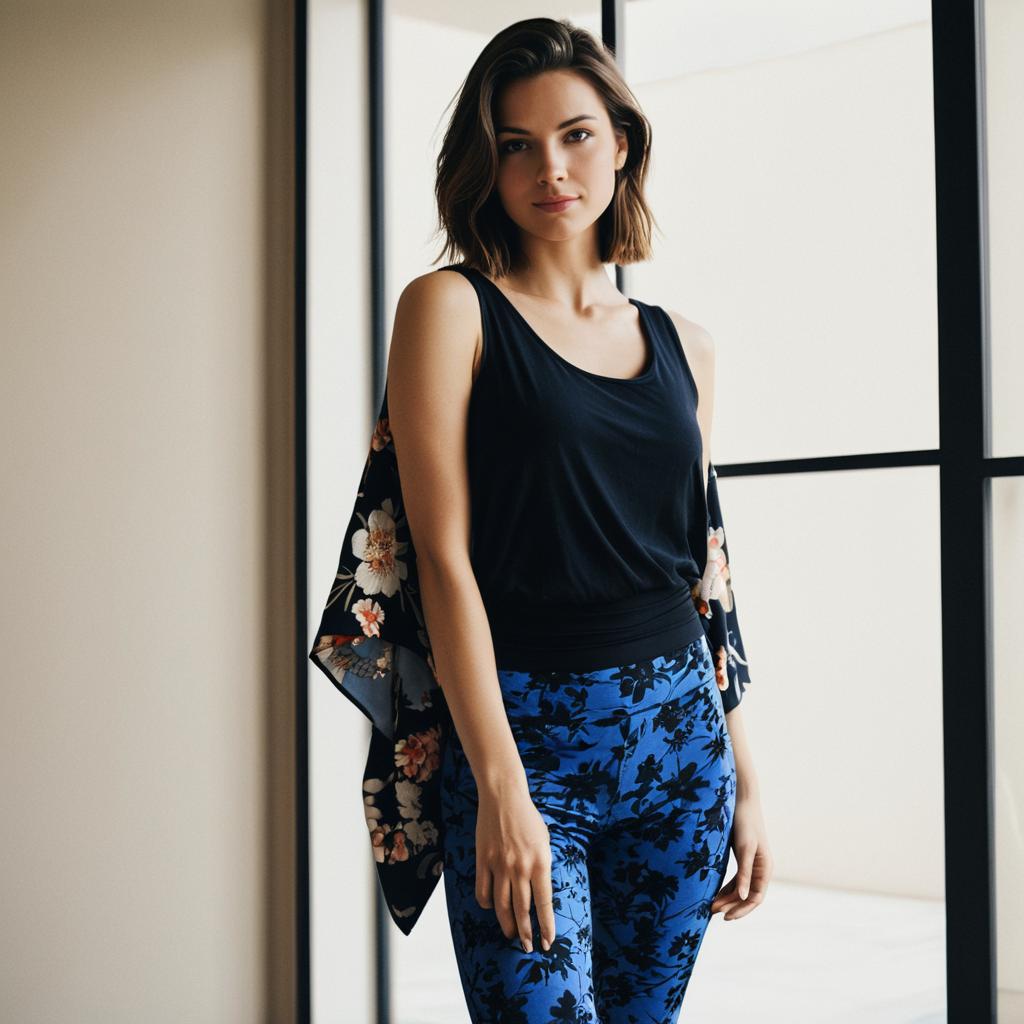 Young Woman in Black Top and Blue Floral Leggings with Shawl Indoor Portrait