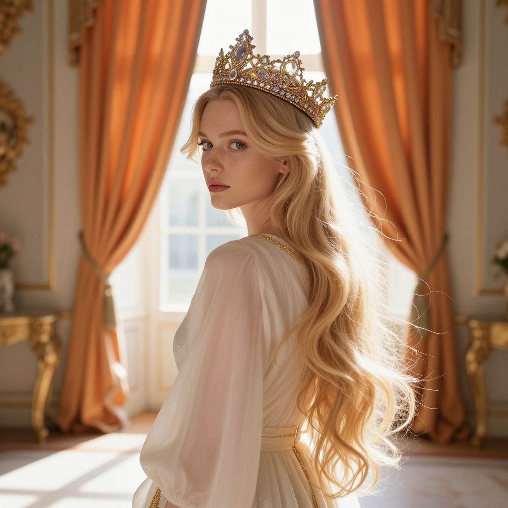 Elegant Woman Wearing Golden Crown in Luxurious Regal Room