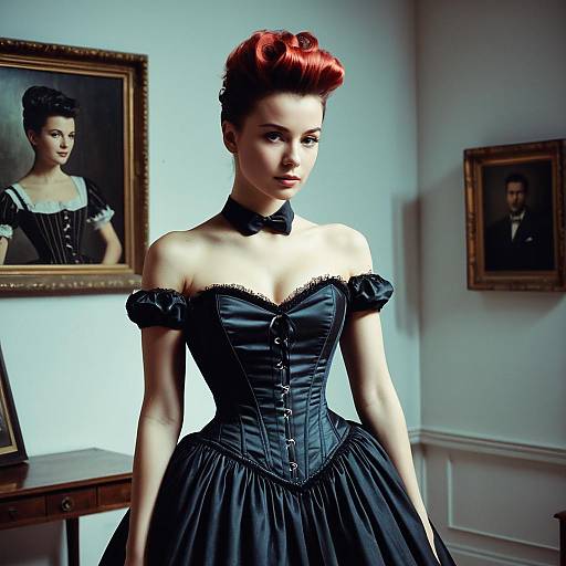 Elegant Woman in Vintage Black Corset Dress with Retro Hairstyle