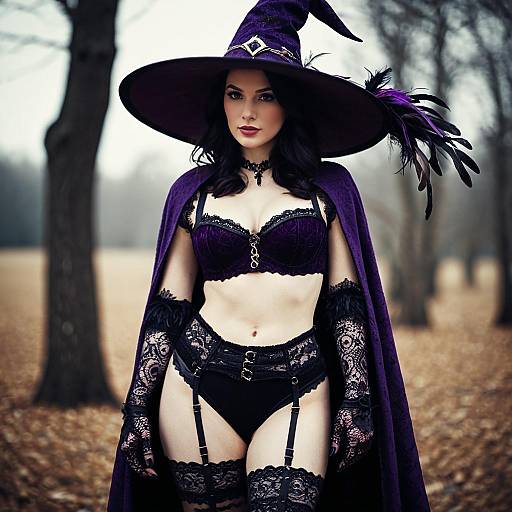 Confident Woman in Purple Witch Costume with Lace Lingerie in Forest