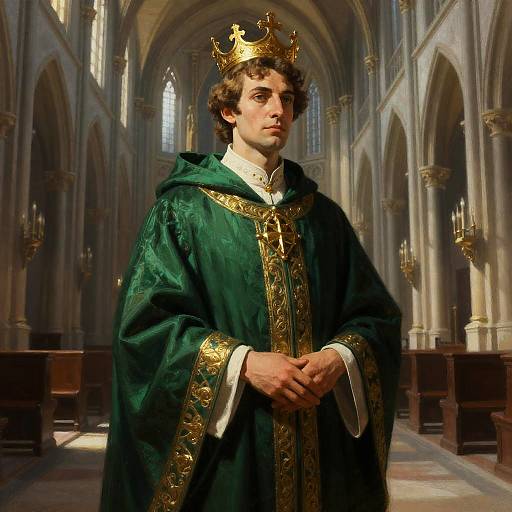 Regal King in Green Robe Standing in Gothic Cathedral