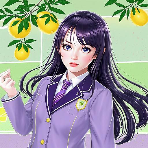 Anime Style Young Woman in Purple School Uniform with Lemons Background