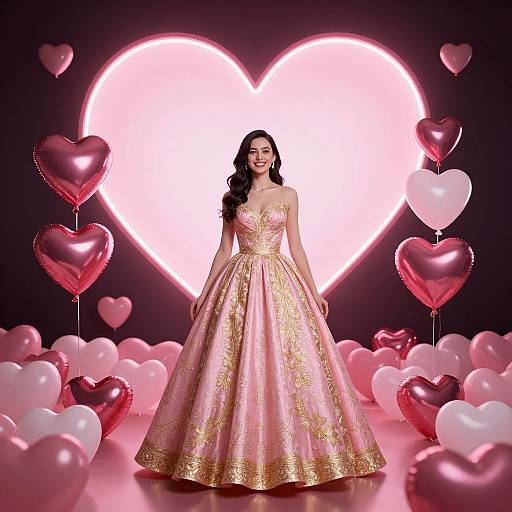 Elegant Woman in Pink Gold Ball Gown with Heart Balloons and Neon Heart Backdrop
