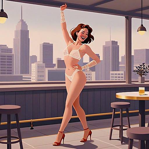 Confident Woman in White Lace Lingerie Posing Joyfully with City Skyline Background