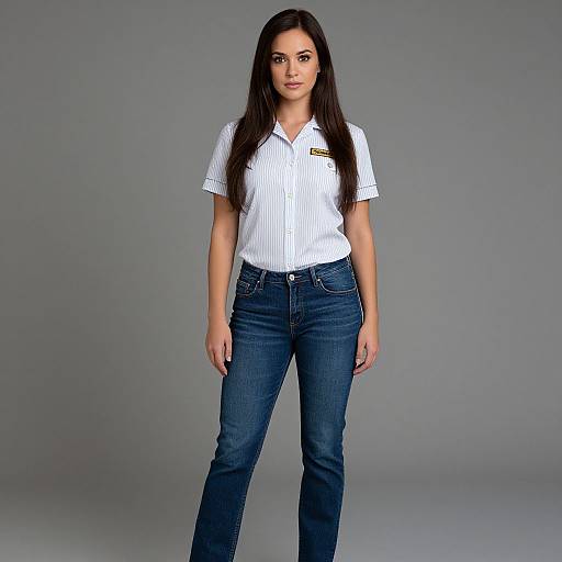 Confident Woman in White Pinstripe Shirt and Blue Jeans Studio Portrait