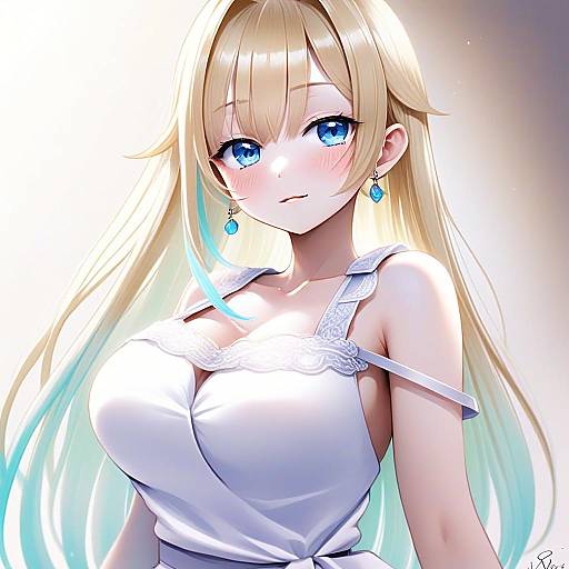 Anime Style Blonde Woman in White Dress with Blue Eyes Illustration