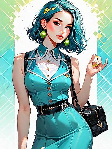 Stylish Woman in Fitted Chic Pencil Dress with Turquoise Hair