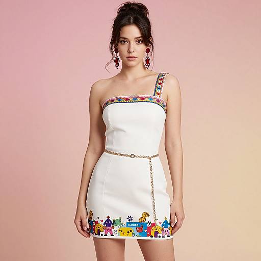 Woman Wearing White One-Shoulder Mini Dress with Colorful Embroidery