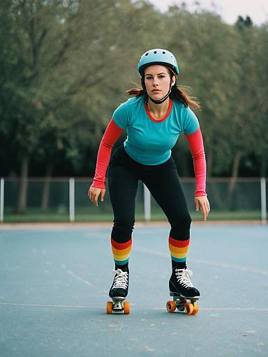 Woman in Roller Skating Outfit with Rainbow Socks on Outdoor Rink