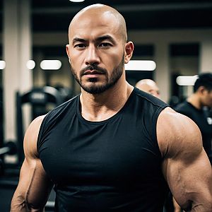 Muscular Bald Man in Gym with Focused Expression