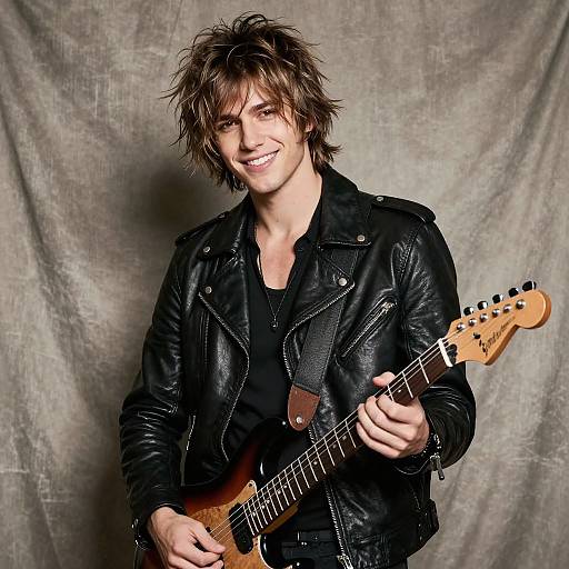 Young Rock Musician with Electric Guitar in Leather Jacket