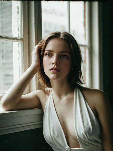 Contemplative Woman by Window in White Halter Top Natural Light Portrait