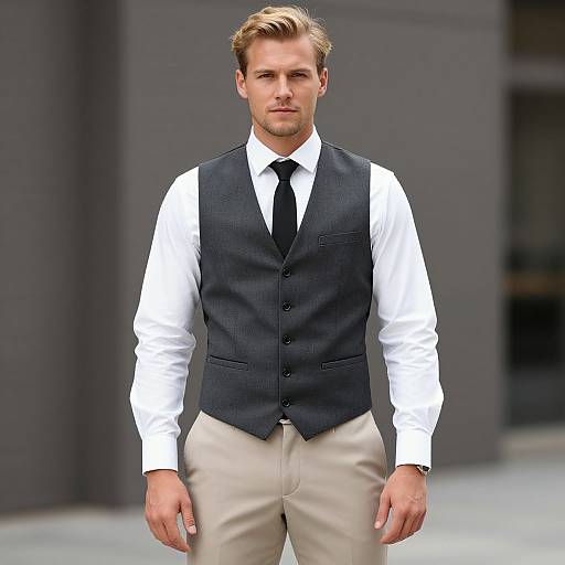 Confident Man Wearing Grey Waistcoat with White Shirt and Black Tie