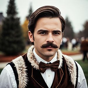 Man in Vintage Brown Velvet Vest with Fur Trim
