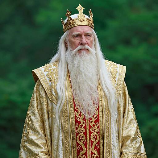 Elderly Man in Ornate Royal Crown and Embroidered Costume