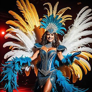 Woman in Vibrant Carnival Costume with Feathers