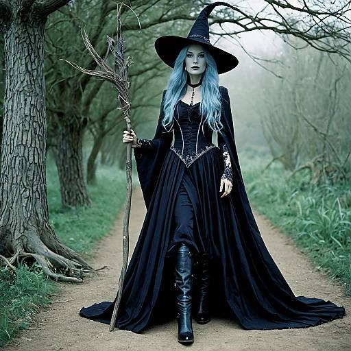 Mystical Woman in Witch Costume Walking in Forest Path