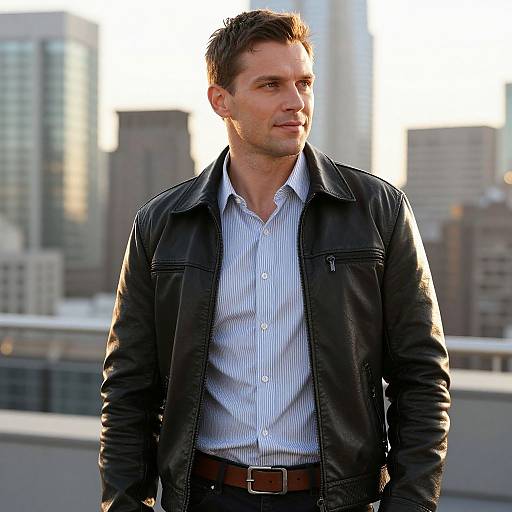 Confident Man in Black Leather Jacket in Urban Cityscape