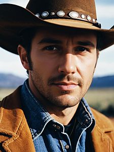 Man in Brokeback Mountain Cowboy Costume Close-Up Portrait with Brown Hat