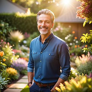 Happy Man in Vibrant Garden