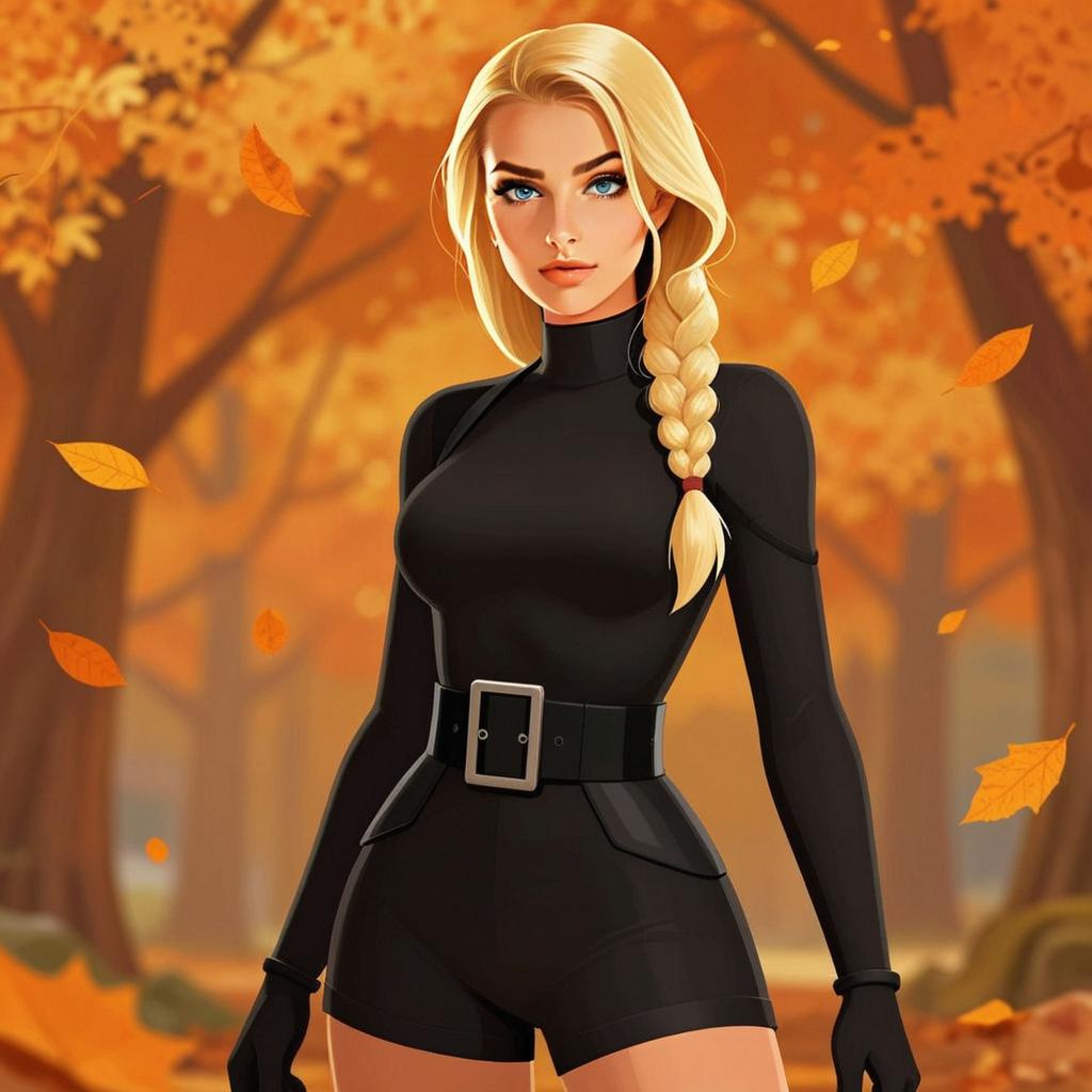 Stylish Blonde Woman in Black Outfit in Autumn Forest Illustration