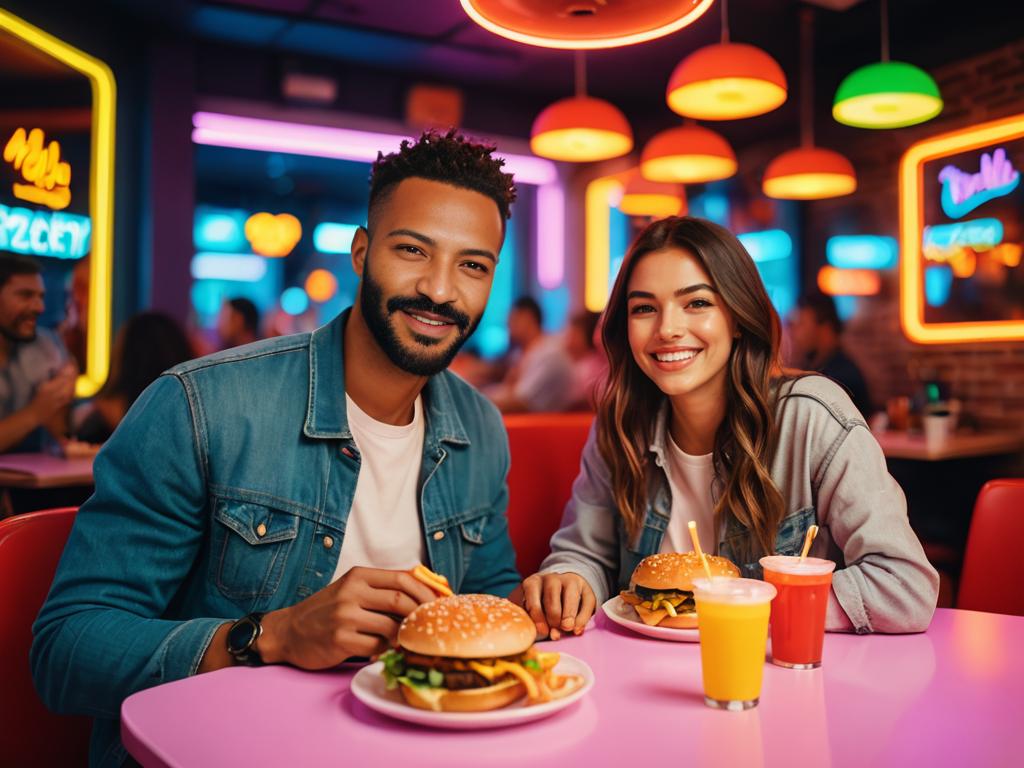 Smiling couple enjoying fast food in a vibrant restaurant