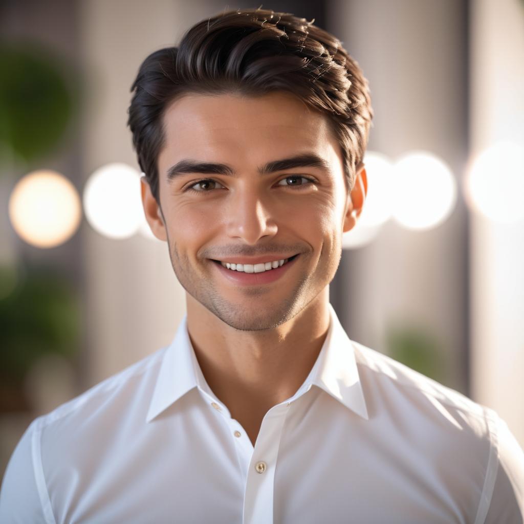 Confident Young Man in White Shirt with Bokeh Background