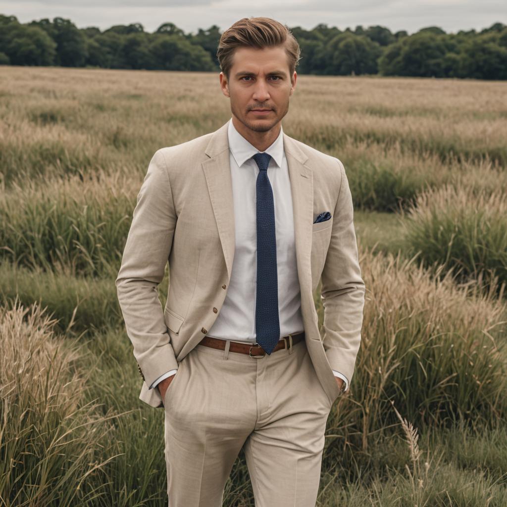 Elegant Man in Beige Suit in Serene Field